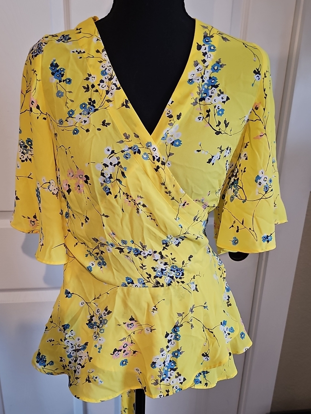 LOFT Yellow Floral Wrap Peplum Blouse with Blue & Pink Accents